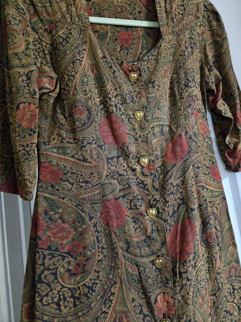 Beautiful Vintage Brown Paisley Dress w Red Floral Accents & Gold Heart Buttons - Picture 3 of 8
